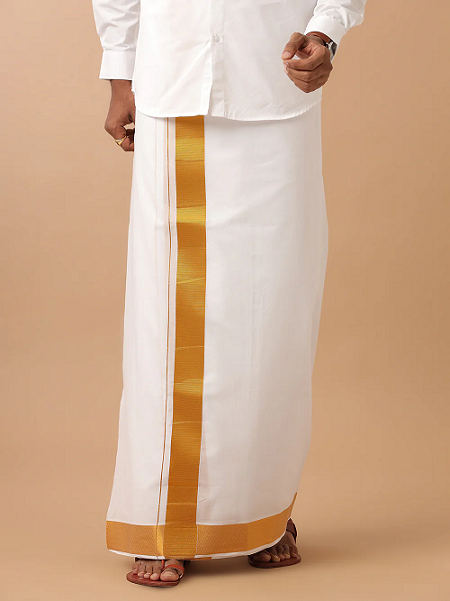 Men 100 Cotton Double Layer White Dhoti with 2 1/2 Gold Jari Border Kaviyam